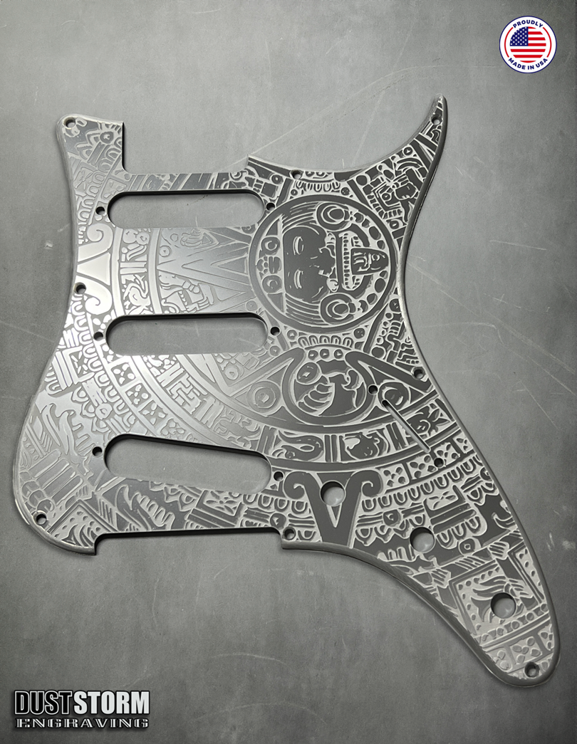 Mayan Calendar Pickguard Tremolo Cover Set - Engraved Metallic Gun Metal Acrylic - for PRS Silver Sky