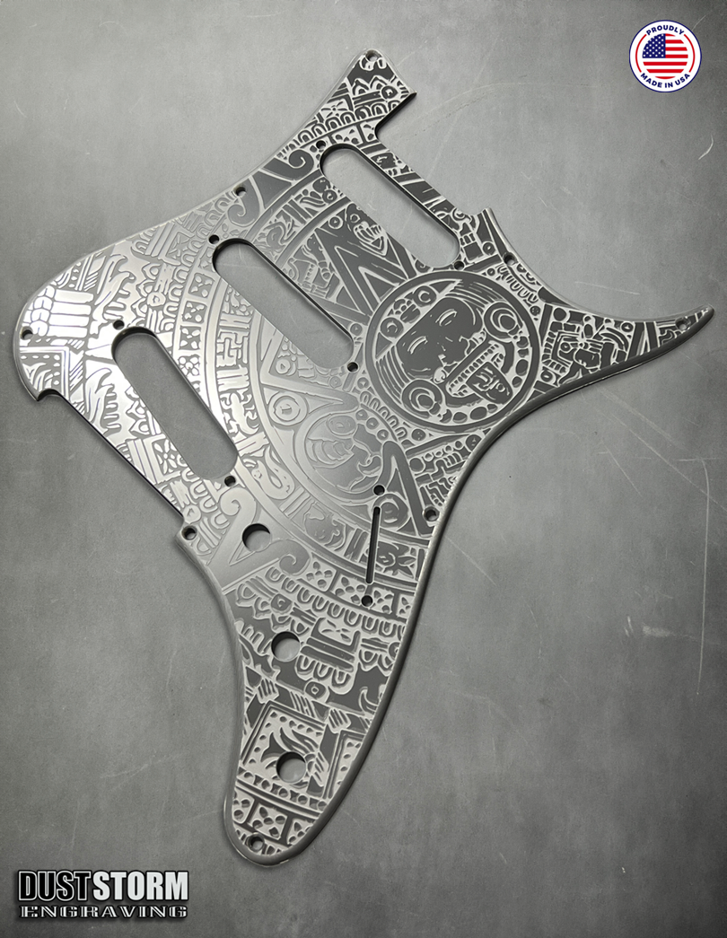 Mayan Calendar Pickguard Tremolo Cover Set - Engraved Metallic Gun Metal Acrylic - for PRS Silver Sky