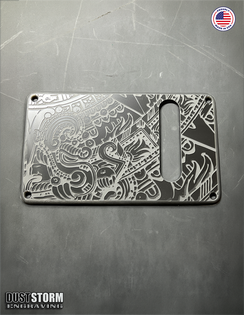 Mayan Calendar Pickguard Tremolo Cover Set - Engraved Metallic Gun Metal Acrylic - for PRS Silver Sky