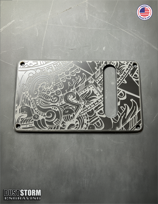 Engraved Mayan Tremolo Cover in Gun Metal Colored Metallic Acrylic for PRS Silver Sky