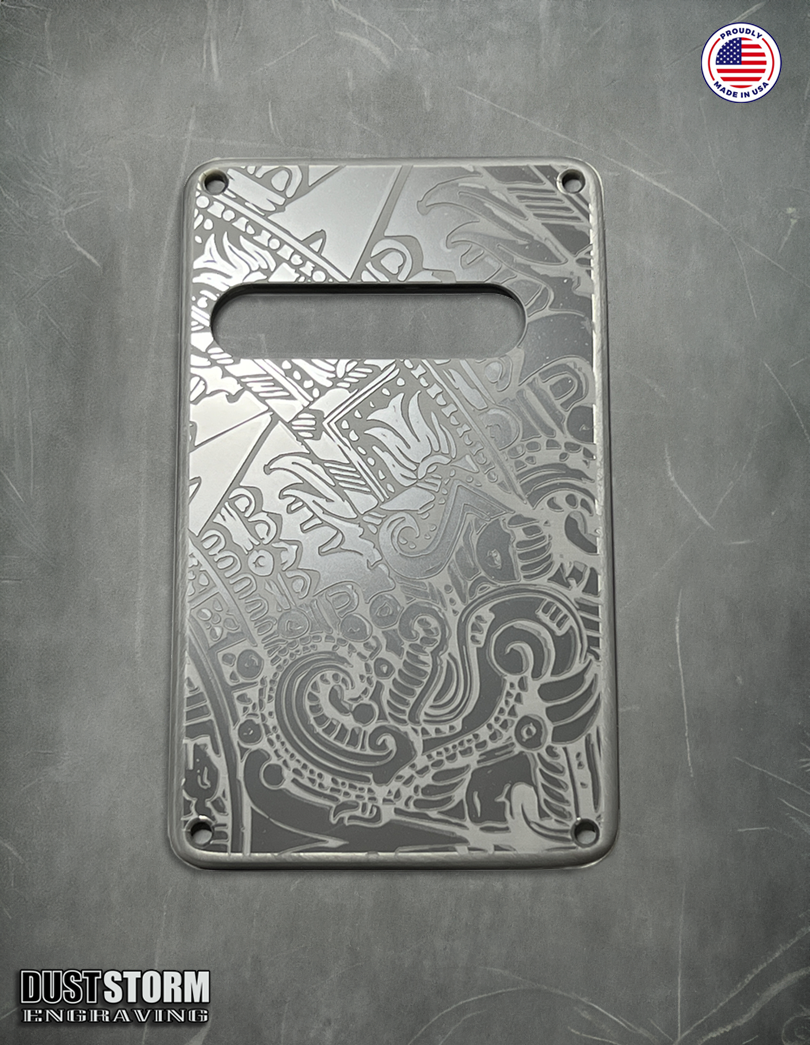 Mayan Calendar Pickguard Tremolo Cover Set - Engraved Metallic Gun Metal Acrylic - for PRS Silver Sky