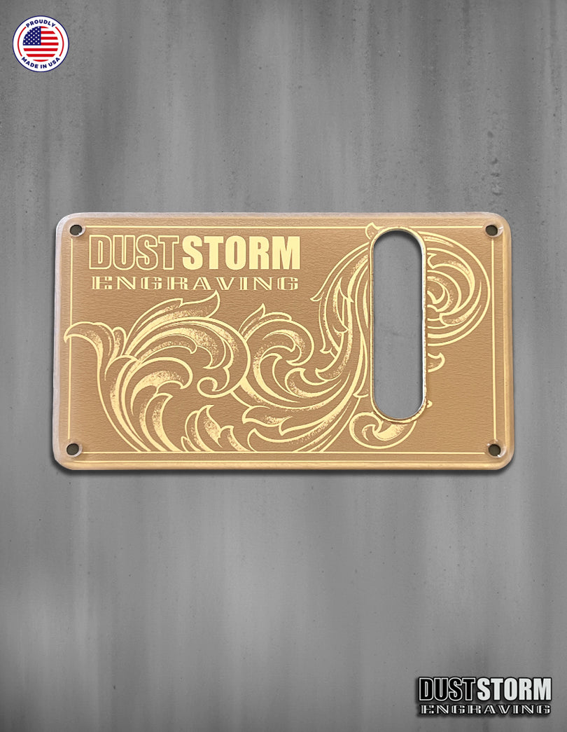 Custom Laser Engraved Tremolo Covers in Acrylic Mirror Solid Color Acrylic and Cherry Wood Veneer
