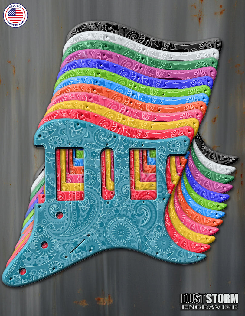 Engraved Paisley Pickguard and Tremolo Cover for Fender Stratocaster in Glossy Acrylic, 12 Solid Color Choices, HSH, HSS, SSS Setups Available