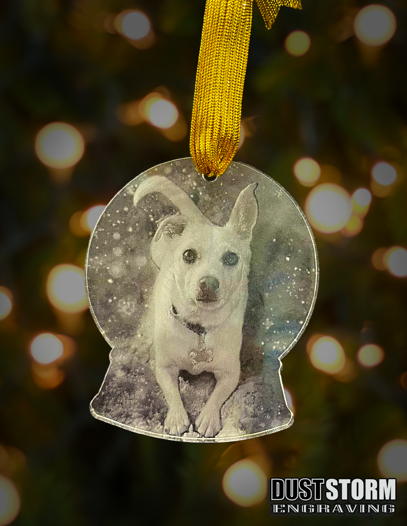 Pet Portrait Snow Globe Shape Personalized Ornament in Minimalist Clear Acrylic