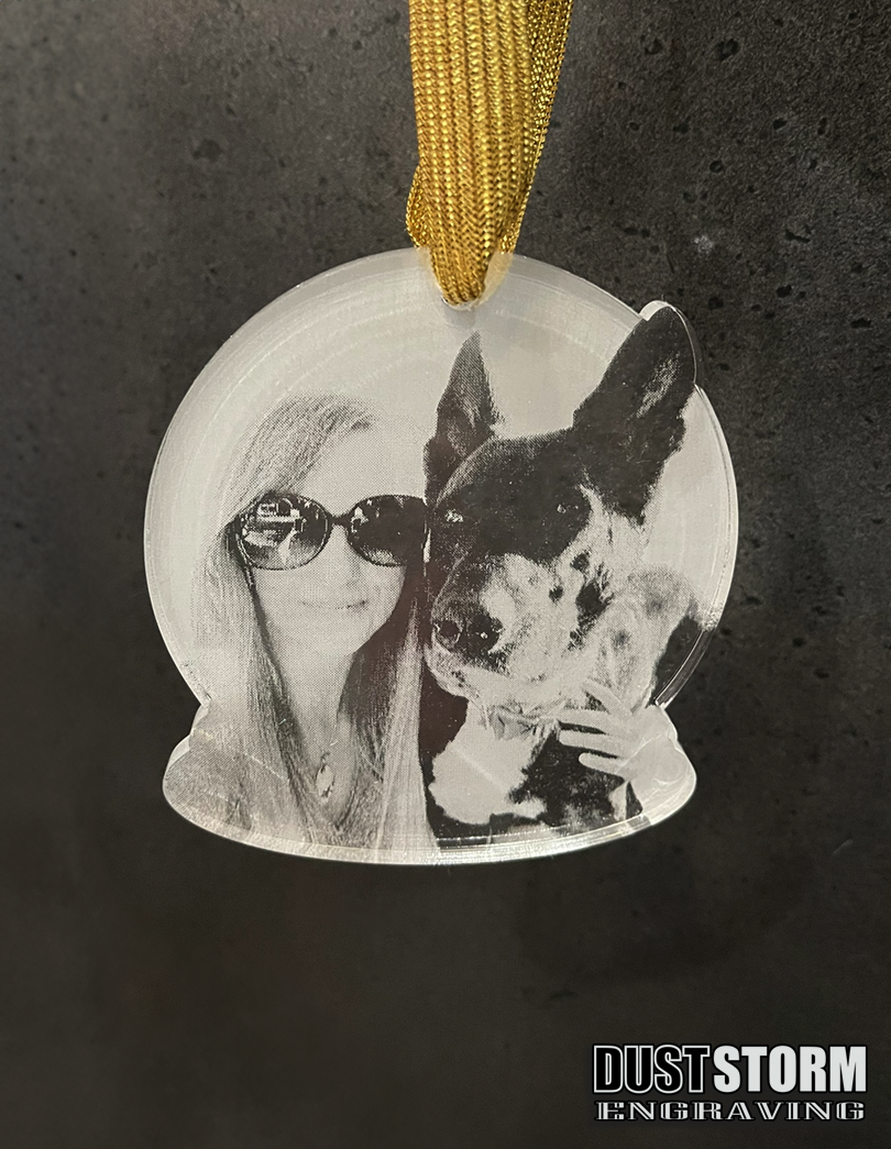 Pet Portrait Snow Globe Shape Personalized Ornament in Minimalist Clear Acrylic