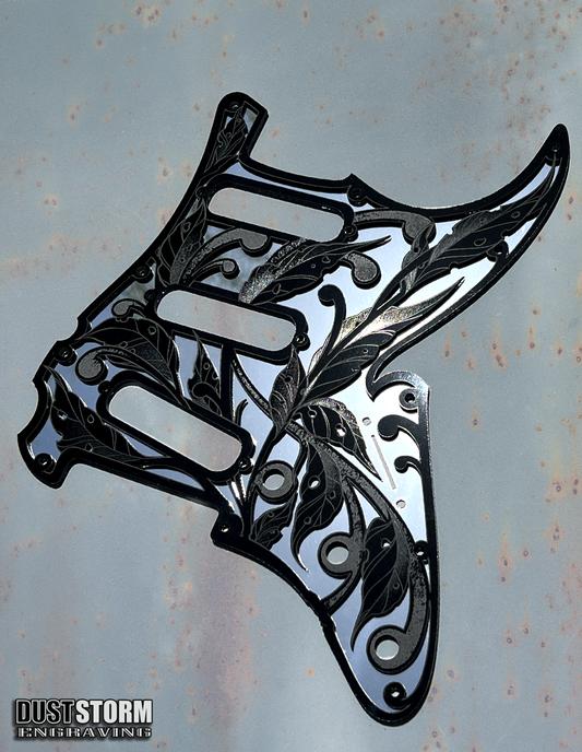 Engraved Layered Pickguard & Free Tremolo Cover in Acrylic Silver Mirror with Glossy Black Design #3 for Fender Stratocaster HSH, HSS, SSS Setups Available