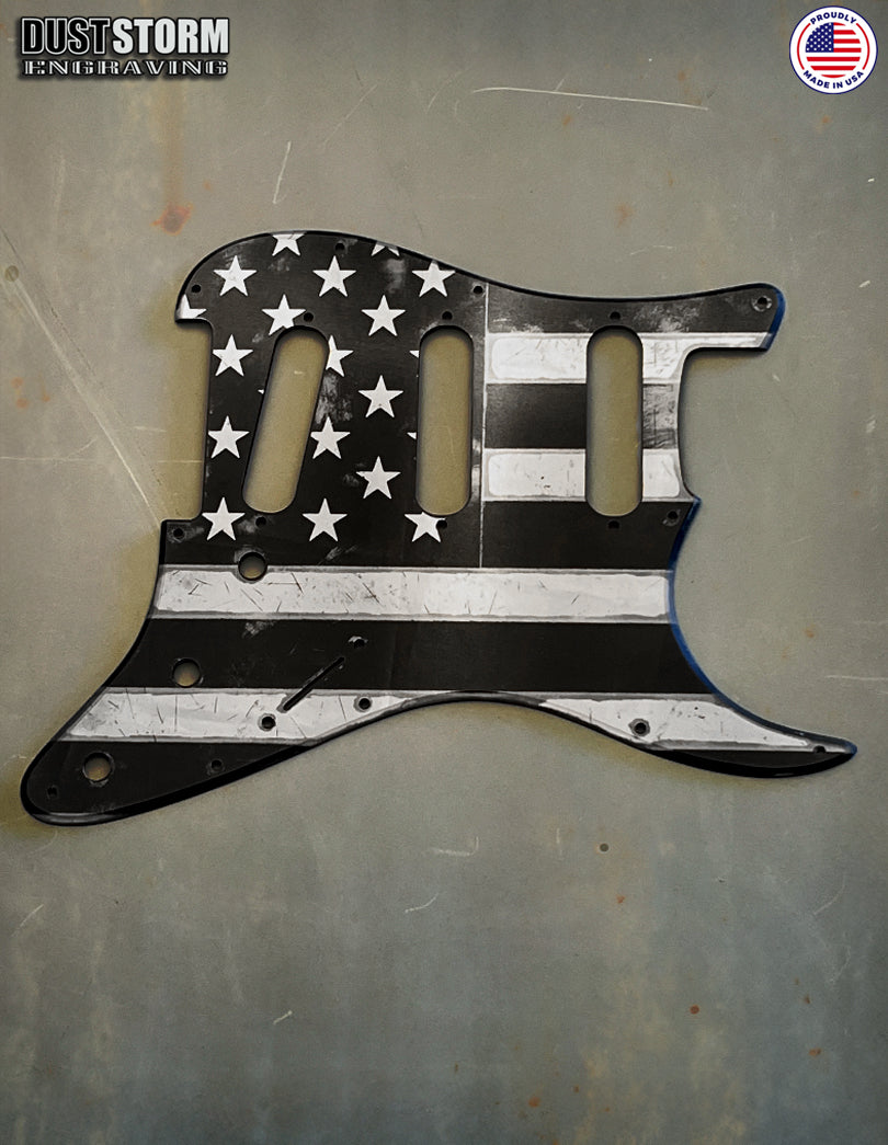 American Flag Pickguard & Free Tremolo Cover in Gun Metal Gray Acrylic Mirror for Fender Stratocaster SSS, HSS, HSH Setups Available
