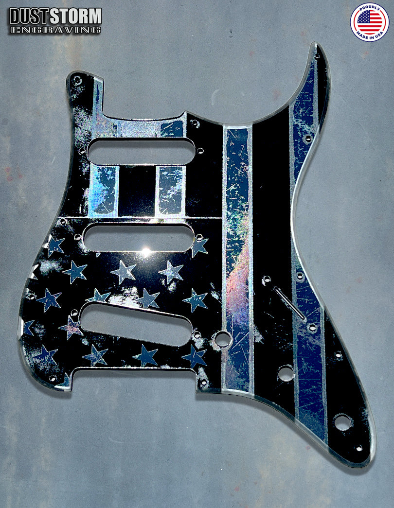 American Flag Pickguard & Free Tremolo Cover in Gun Metal Gray Acrylic Mirror for Fender Stratocaster SSS, HSS, HSH Setups Available