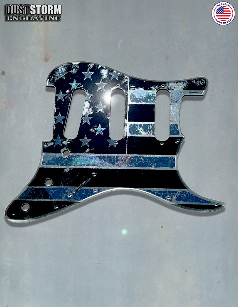 American Flag Pickguard & Free Tremolo Cover in Gun Metal Gray Acrylic Mirror for Fender Stratocaster SSS, HSS, HSH Setups Available