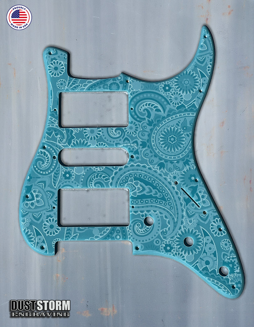 Engraved Paisley Pickguard and Tremolo Cover for Fender Stratocaster in Glossy Acrylic, 12 Solid Color Choices, HSH, HSS, SSS Setups Available