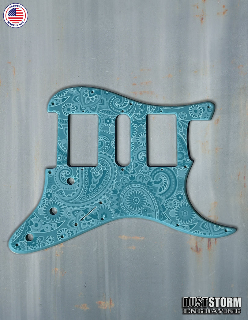 Engraved Paisley Pickguard and Tremolo Cover for Fender Stratocaster in Glossy Acrylic, 12 Solid Color Choices, HSH, HSS, SSS Setups Available