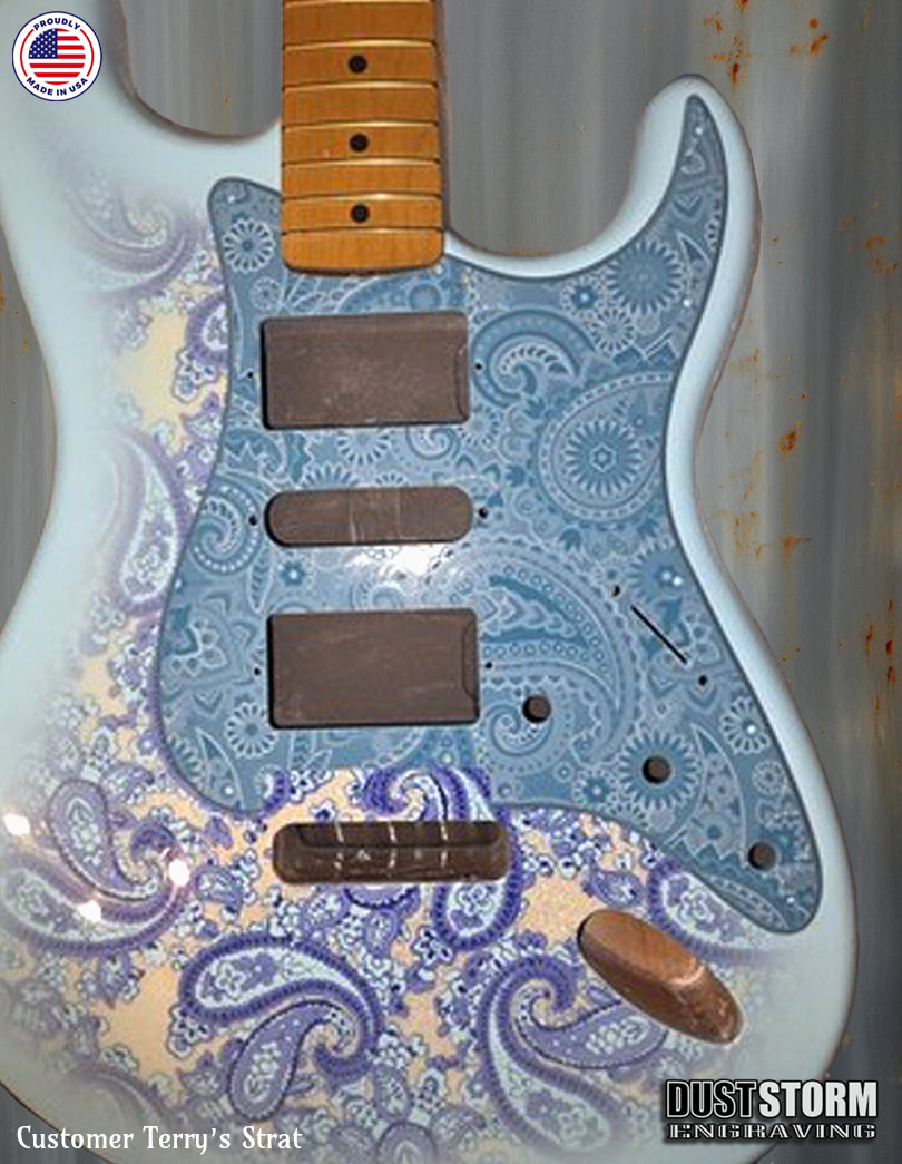 Engraved Paisley Pickguard and Tremolo Cover for Fender Stratocaster in Glossy Acrylic, 12 Solid Color Choices, HSH, HSS, SSS Setups Available