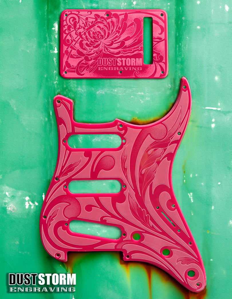 Custom Laser Engraved White Fender Strat Style Guitar Body with Glossy Hot Pink Acrylic Pickguard and Tremolo Cover HSH, HSS, SSS Setups Available