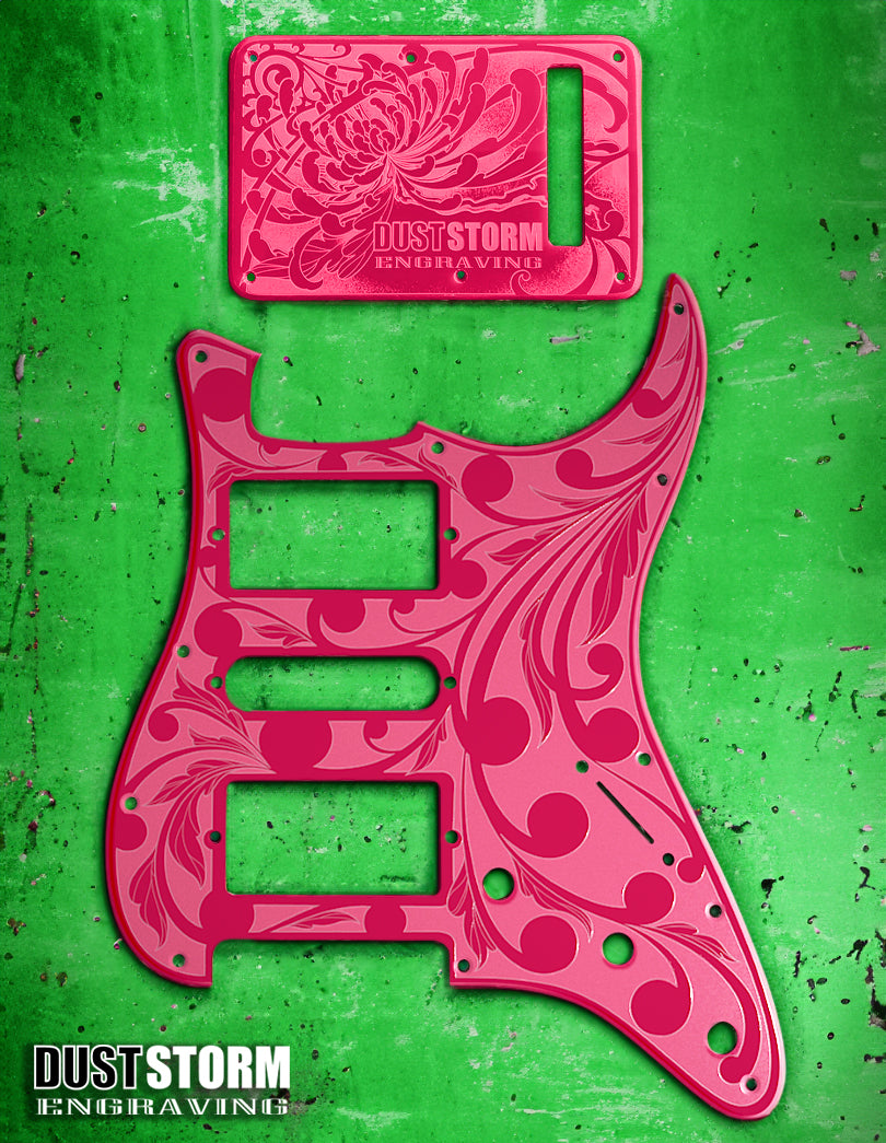 Engraved Pickguard & Free Tremolo Cover in Glossy Acrylic 10 Solid Color Choices Design #2 for Fender Stratocaster HSH, HSS, SSS Setups Available