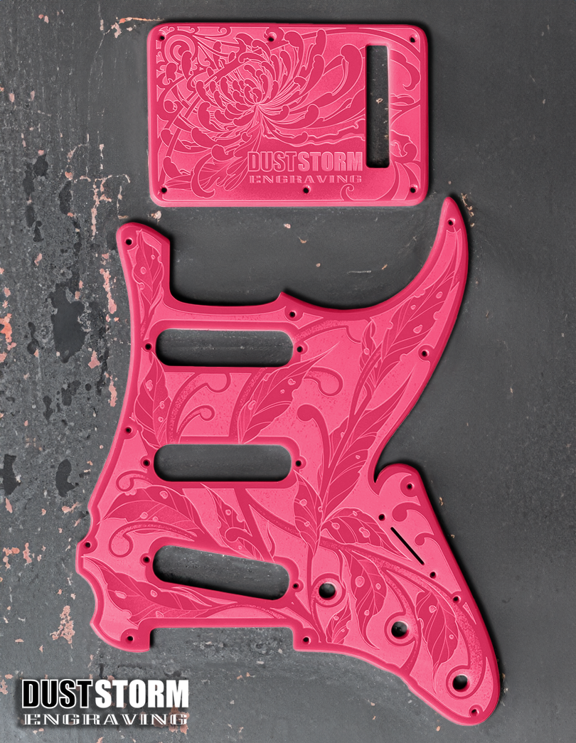 Engraved Pickguard & Free Tremolo Cover in Glossy Acrylic 10 Solid Color Choices Design #3 for Fender Stratocaster HSH, HSS, SSS Setups Available