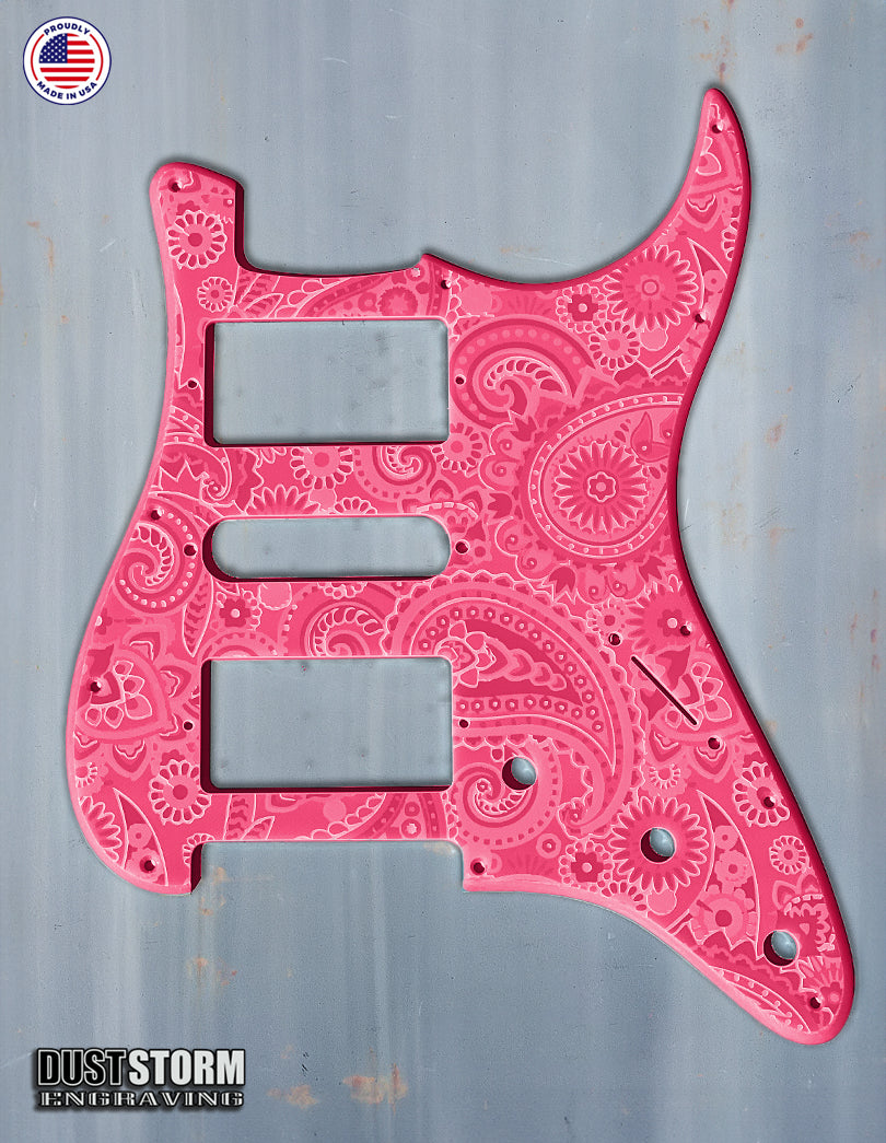 Engraved Paisley Pickguard and Tremolo Cover for Fender Stratocaster in Glossy Acrylic, 12 Solid Color Choices, HSH, HSS, SSS Setups Available