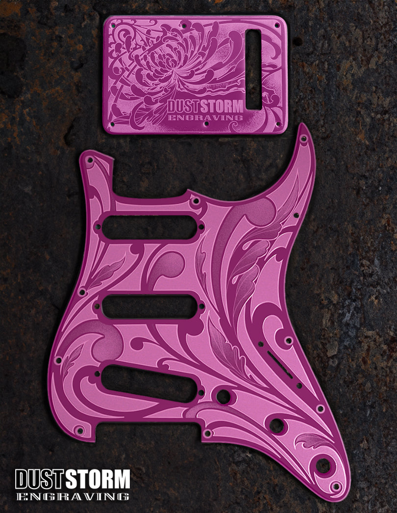 Engraved Pickguard & Free Tremolo Cover in Glossy Acrylic 10 Solid Color Choices Design #1 for Fender Stratocaster HSH, HSS, SSS Setups Available