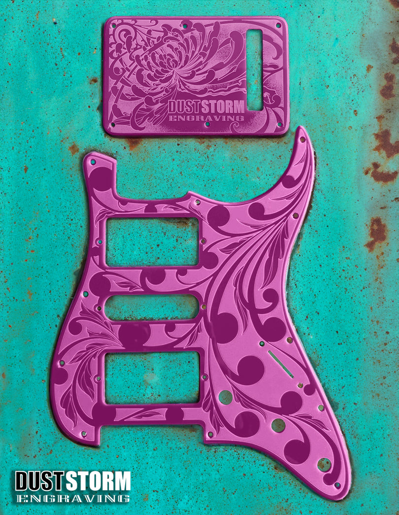 Engraved Pickguard & Free Tremolo Cover in Glossy Acrylic 10 Solid Color Choices Design #2 for Fender Stratocaster HSH, HSS, SSS Setups Available
