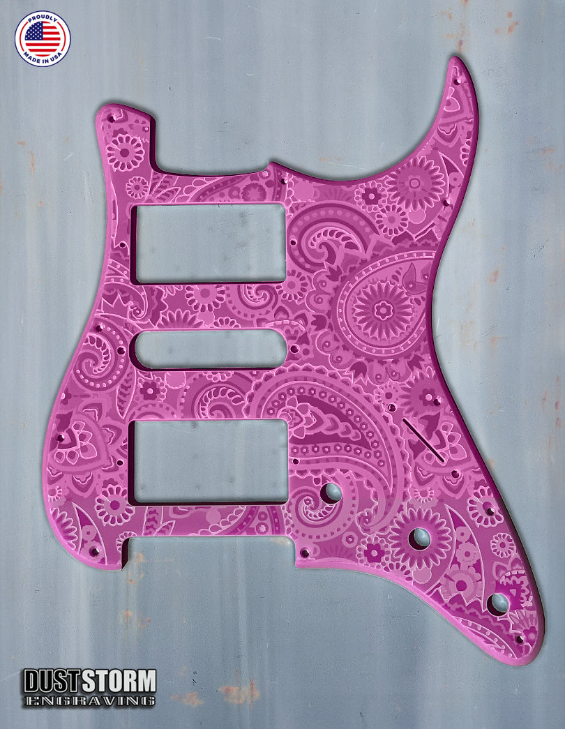 Engraved Paisley Pickguard and Tremolo Cover for Fender Stratocaster in Glossy Acrylic, 12 Solid Color Choices, HSH, HSS, SSS Setups Available