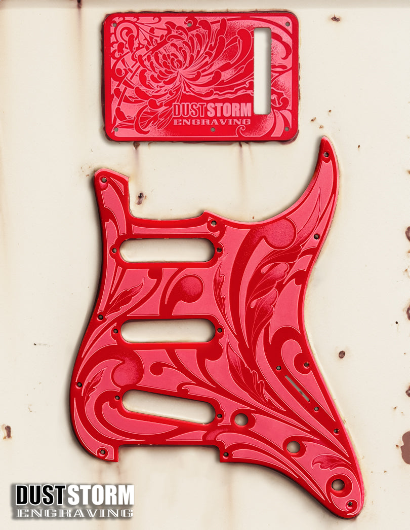 Engraved Pickguard & Free Tremolo Cover in Glossy Acrylic 10 Solid Color Choices Design #1 for Fender Stratocaster HSH, HSS, SSS Setups Available