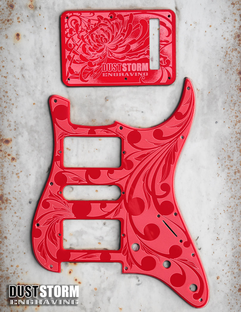 Engraved Pickguard & Free Tremolo Cover in Glossy Acrylic 10 Solid Color Choices Design #2 for Fender Stratocaster HSH, HSS, SSS Setups Available