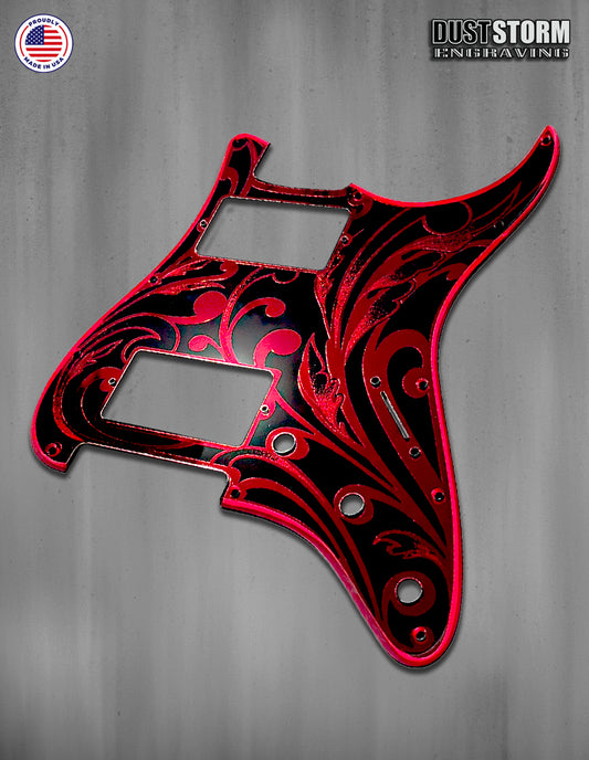 Engraved Pickguard & Tremolo Cover in Red Acrylic Mirror for Fender Stratocaster HH Pickup Cut