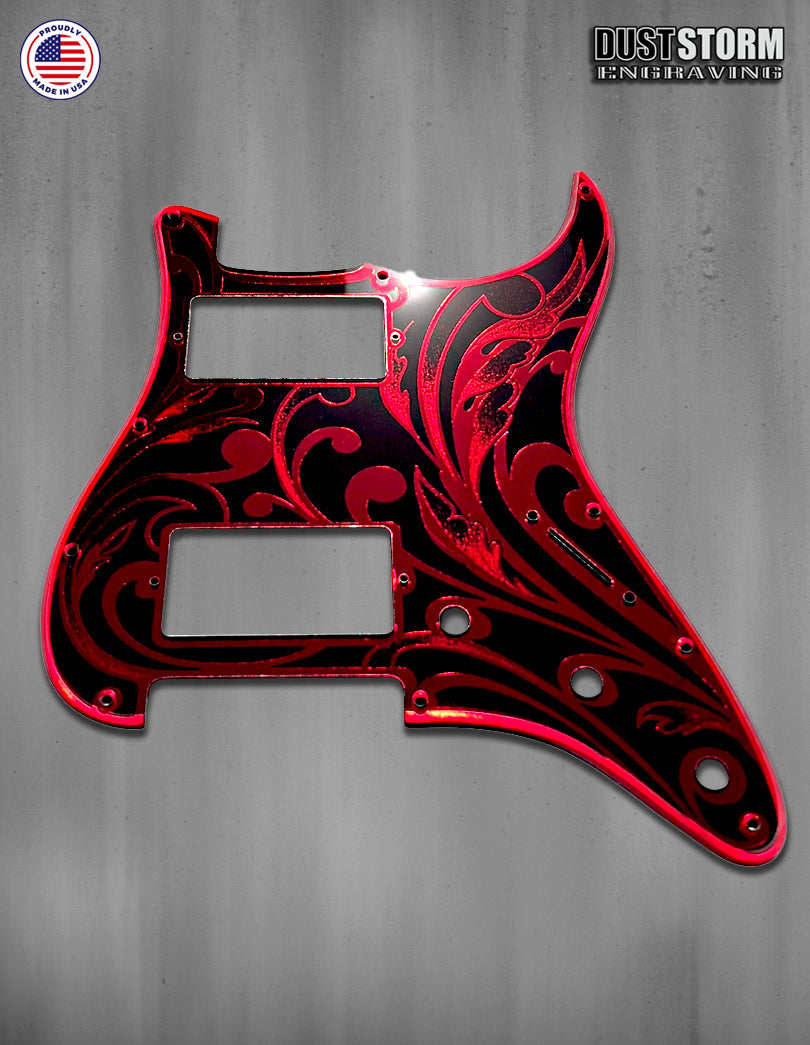 Engraved Pickguard & Tremolo Cover in Red Acrylic Mirror for Fender Stratocaster HH Pickup Cut