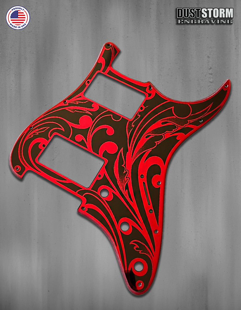 Engraved Pickguard & Tremolo Cover in Red Acrylic Mirror for Fender Stratocaster HH Pickup Cut