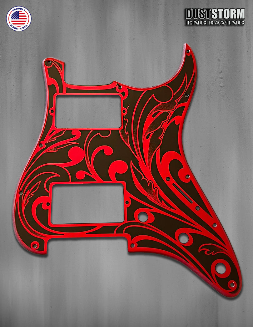 Engraved Pickguard & Tremolo Cover in Red Acrylic Mirror for Fender Stratocaster HH Pickup Cut