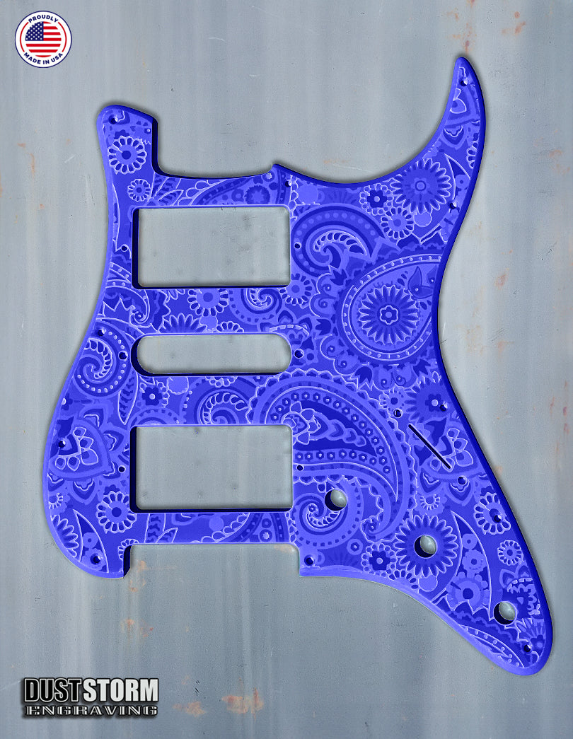 Engraved Paisley Pickguard and Tremolo Cover for Fender Stratocaster in Glossy Acrylic, 12 Solid Color Choices, HSH, HSS, SSS Setups Available