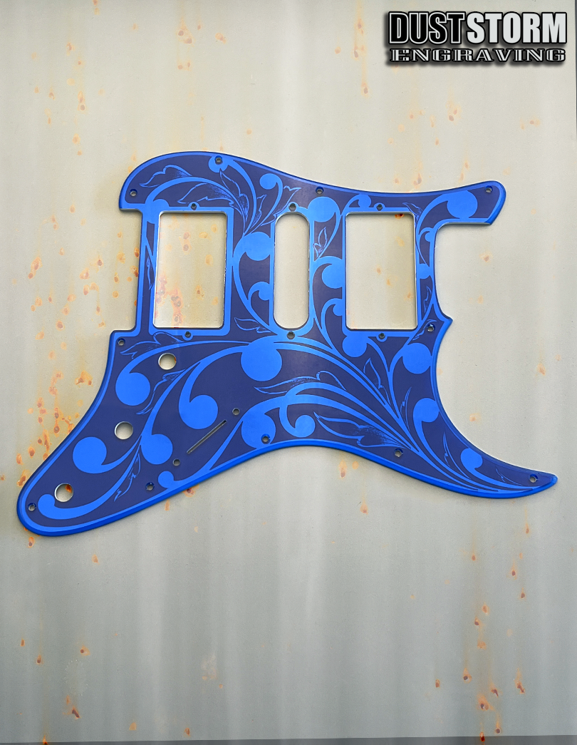 Glossy Black XGP Stratocaster Style Laser Engraved Guitar Body with Royal Blue Acrylic Mirror Pickguard and Tremolo Cover HSH, HSS, SSS Setups Available