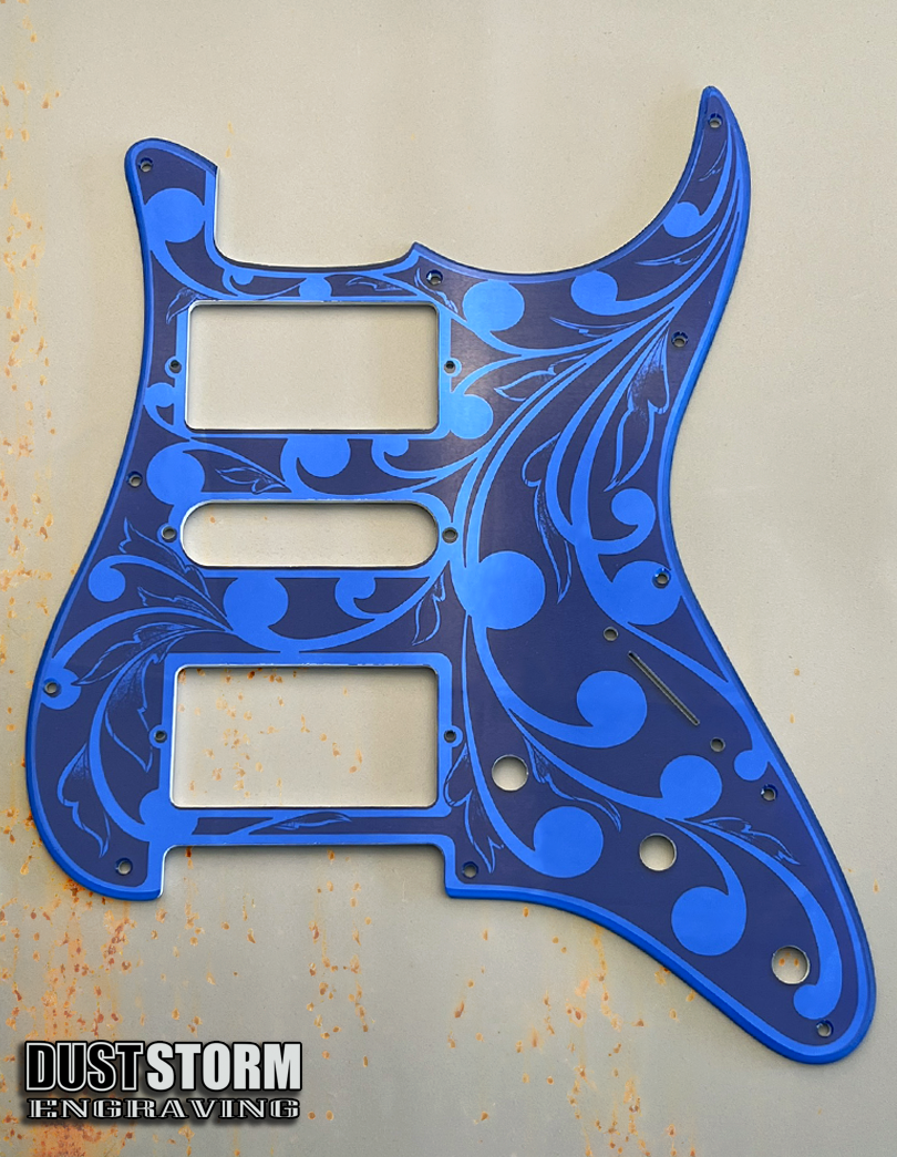 Glossy Black XGP Stratocaster Style Laser Engraved Guitar Body with Royal Blue Acrylic Mirror Pickguard and Tremolo Cover HSH, HSS, SSS Setups Available