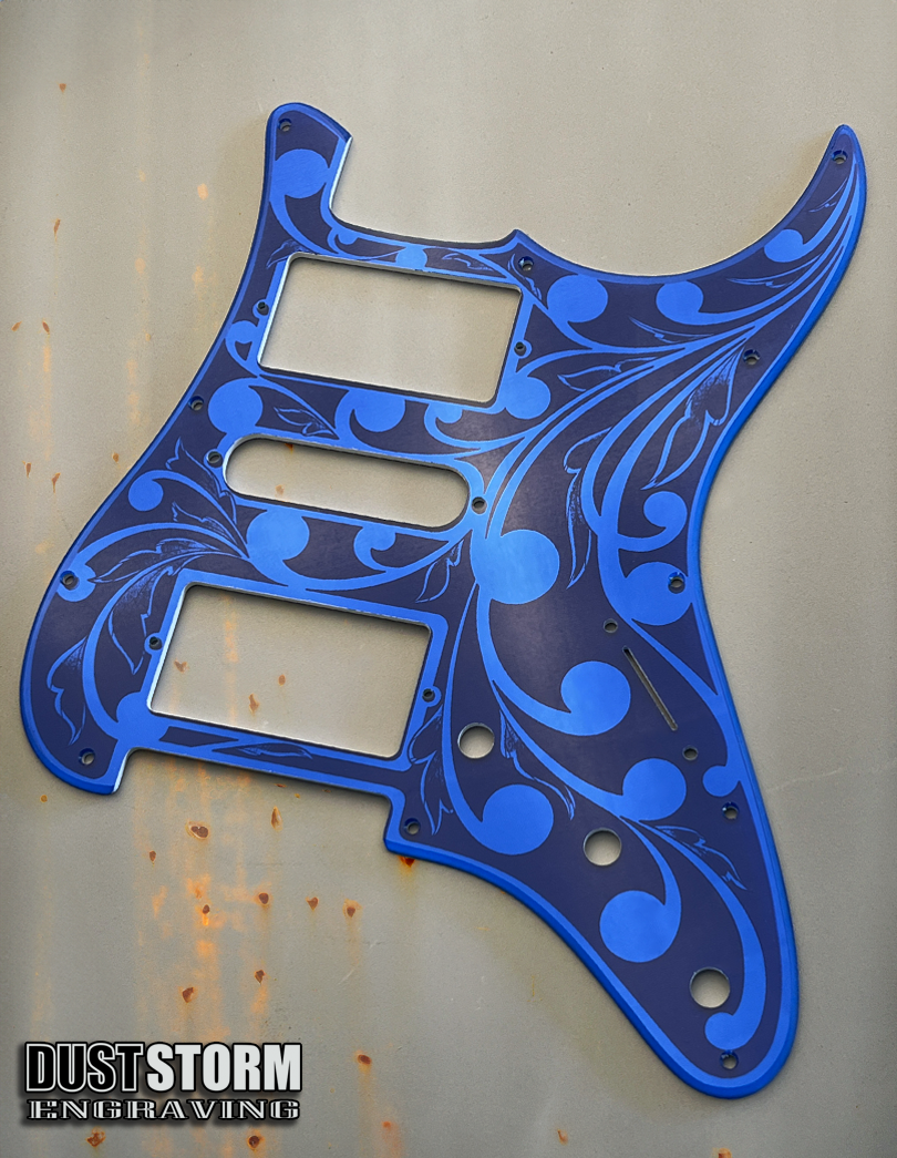 Glossy Black XGP Stratocaster Style Laser Engraved Guitar Body with Royal Blue Acrylic Mirror Pickguard and Tremolo Cover HSH, HSS, SSS Setups Available