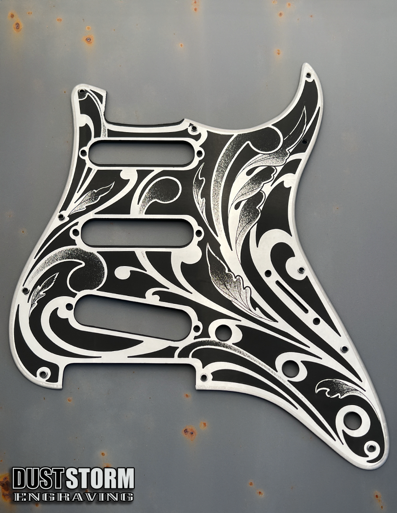 Engraved Pickguard & Free Tremolo Cover in Silver Acrylic Mirror Design #1 for Fender Stratocaster SSS, HSS, HSH Setups Available