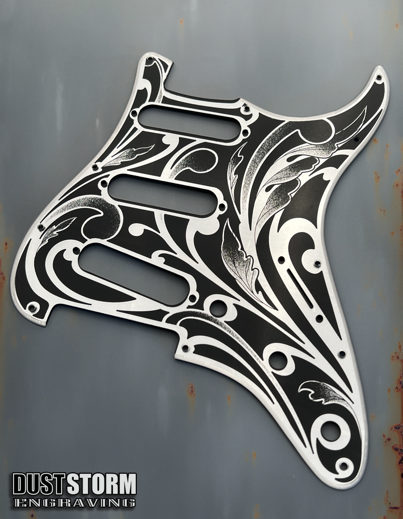 Engraved Pickguard & Free Tremolo Cover in Silver Acrylic Mirror Design #1 for Fender Stratocaster SSS, HSS, HSH Setups Available
