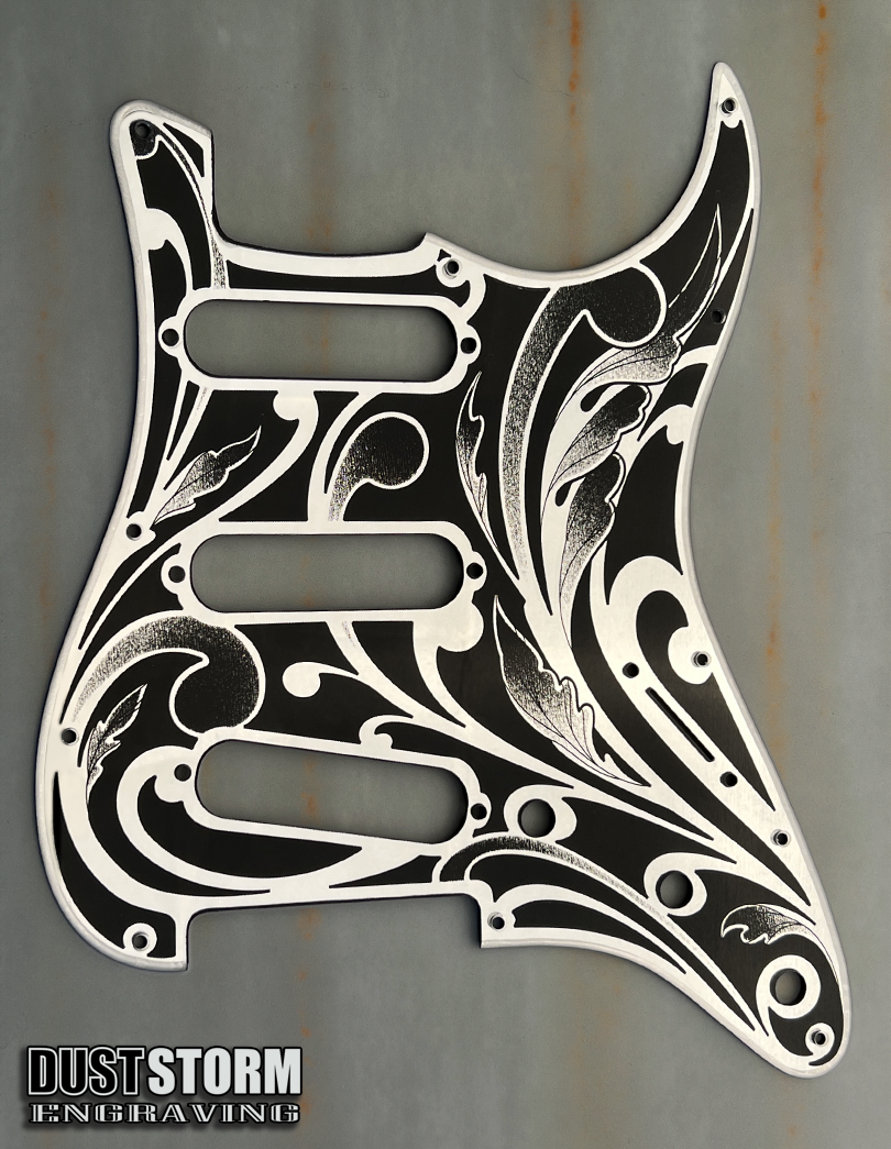 Engraved Pickguard & Free Tremolo Cover in Silver Acrylic Mirror Design #1 for Fender Stratocaster SSS, HSS, HSH Setups Available