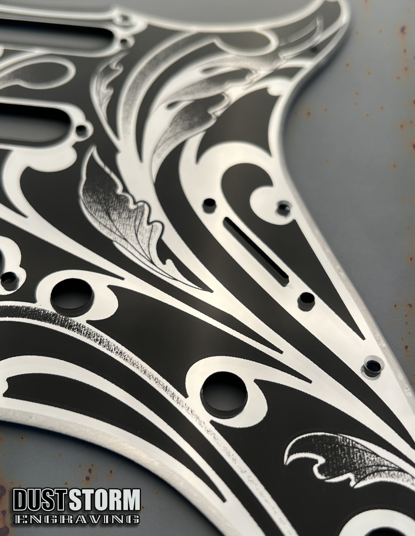 Engraved Pickguard & Free Tremolo Cover in Silver Acrylic Mirror Design #1 for Fender Stratocaster SSS, HSS, HSH Setups Available