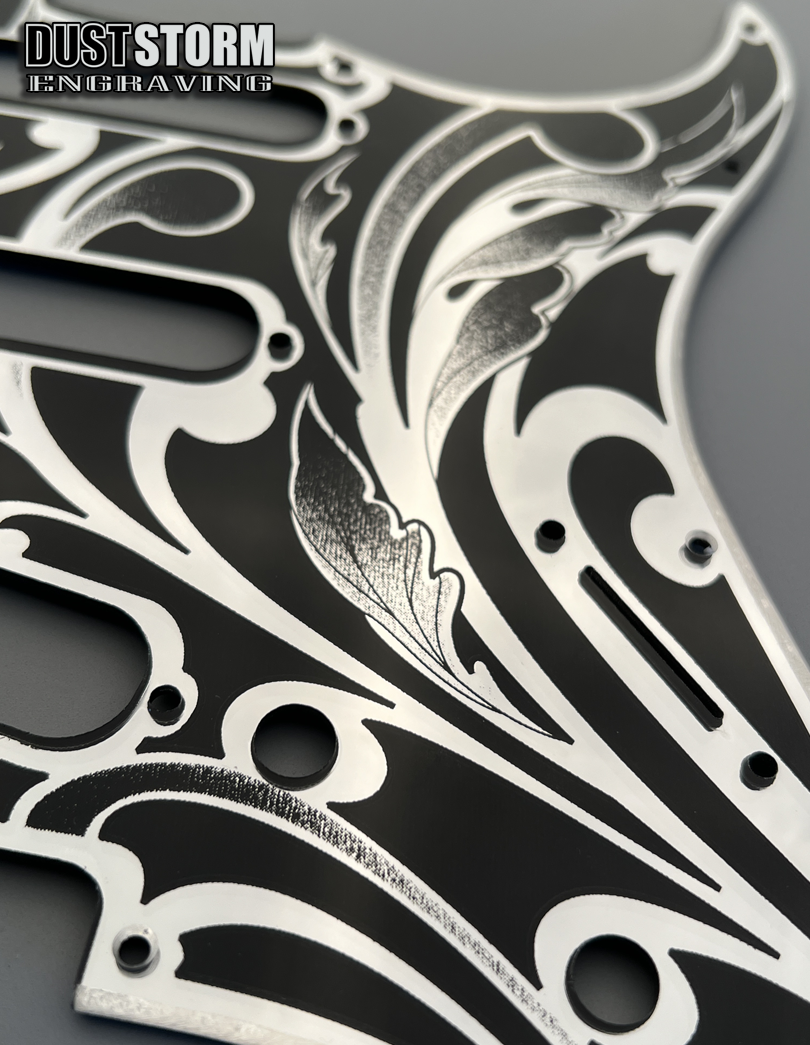 Engraved Pickguard & Free Tremolo Cover in Silver Acrylic Mirror Design #1 for Fender Stratocaster SSS, HSS, HSH Setups Available