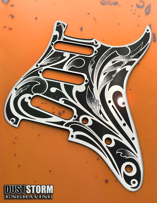 Engraved Pickguard & Free Tremolo Cover in Silver Acrylic Mirror Design #1 for Fender Stratocaster SSS, HSS, HSH Setups Available