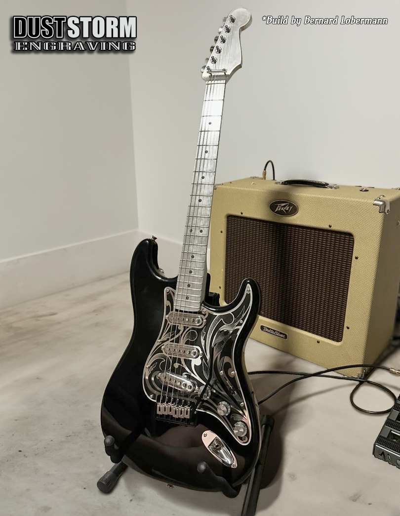 Engraved Pickguard & Free Tremolo Cover in Silver Acrylic Mirror Design #1 for Fender Stratocaster SSS, HSS, HSH Setups Available