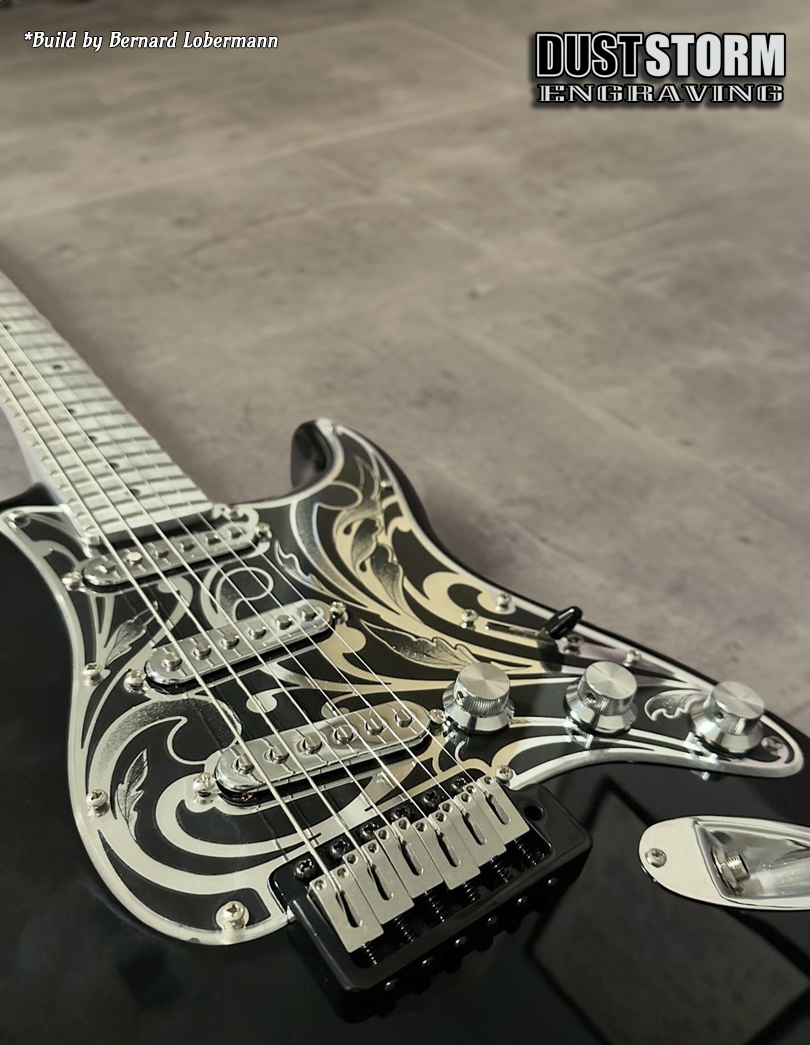 Engraved Pickguard & Free Tremolo Cover in Silver Acrylic Mirror Design #1 for Fender Stratocaster SSS, HSS, HSH Setups Available
