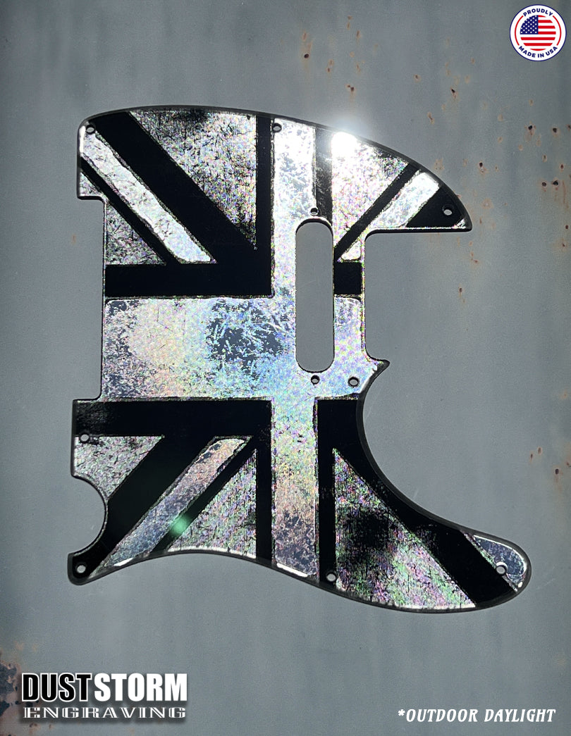 Engraved 8 Hole Pickguard for Fender Telecaster British Union Jack Flag Silver Acrylic Mirror American/Mexican Tele Guitar Scratch Plate Humbucker or Standard Cut Available