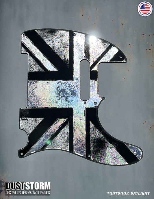 Engraved 8 Hole Pickguard for Fender Telecaster British Union Jack Flag Silver Acrylic Mirror American/Mexican Tele Guitar Scratch Plate Humbucker or Standard Cut Available