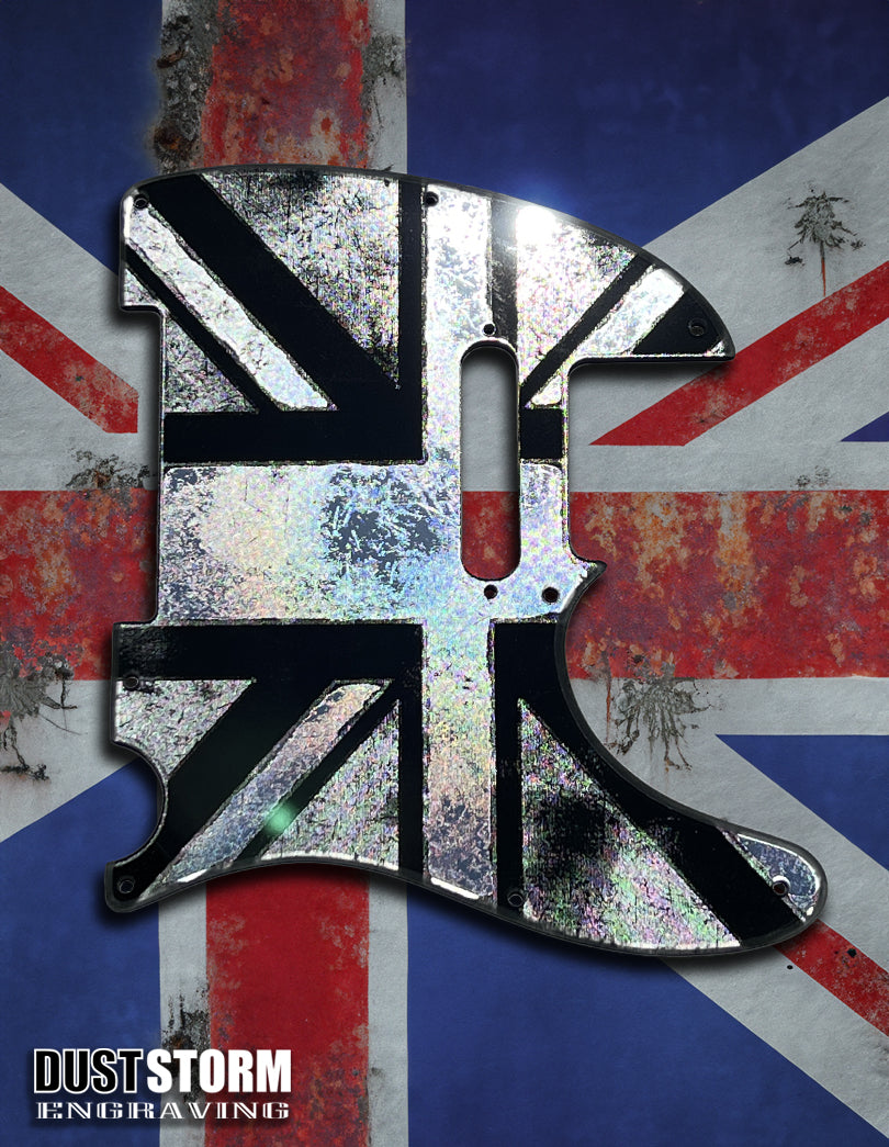 Engraved 8 Hole Pickguard for Fender Telecaster British Union Jack Flag Silver Acrylic Mirror American/Mexican Tele Guitar Scratch Plate Humbucker or Standard Cut Available