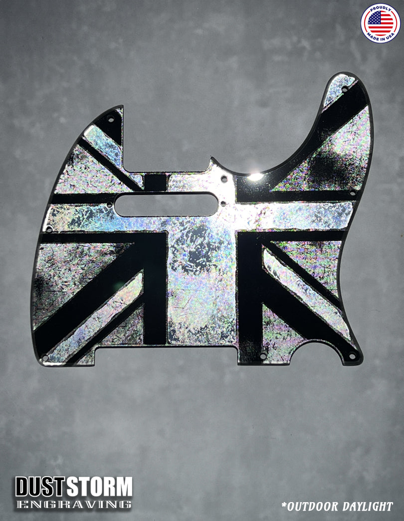Engraved 8 Hole Pickguard for Fender Telecaster British Union Jack Flag Silver Acrylic Mirror American/Mexican Tele Guitar Scratch Plate Humbucker or Standard Cut Available