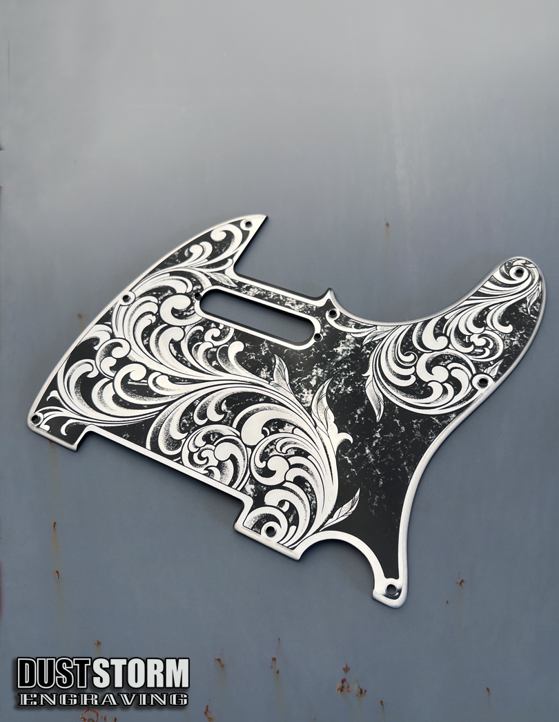 Engraved 8 Hole Pickguard for Fender Telecaster in Silver Patina Acrylic Mirror American/Mexican Tele Guitar Scratch Plate Standard or Humbucker Cut Available