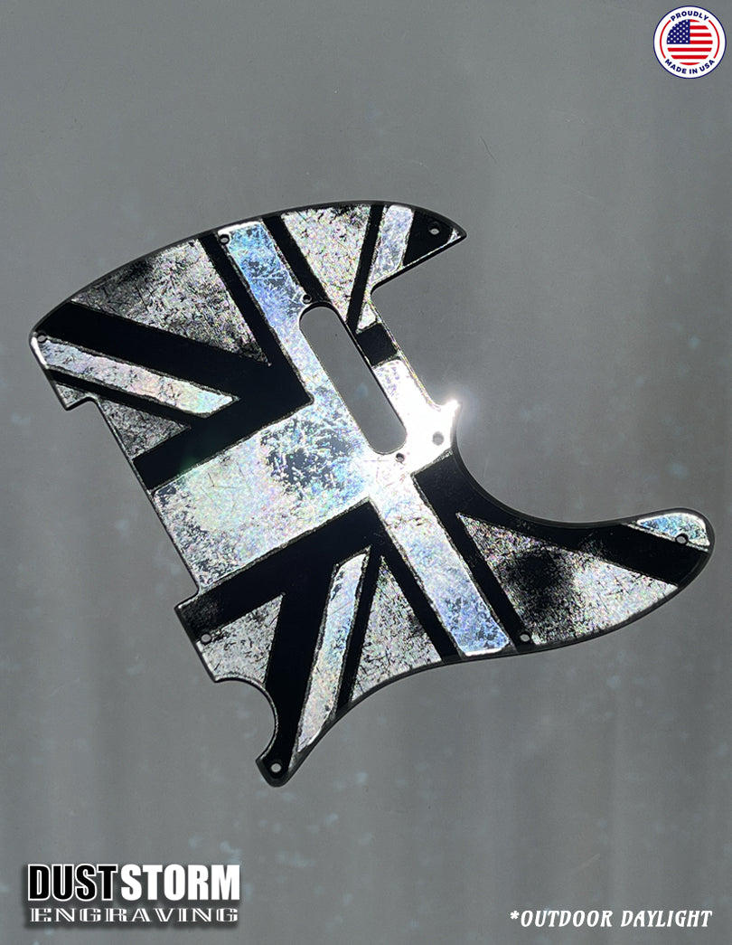 Engraved 8 Hole Pickguard for Fender Telecaster British Union Jack Flag Silver Acrylic Mirror American/Mexican Tele Guitar Scratch Plate Humbucker or Standard Cut Available