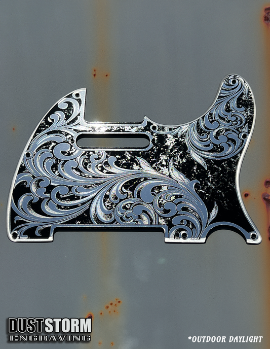 Engraved 8 Hole Pickguard for Fender Telecaster in Silver Patina Acrylic Mirror American/Mexican Tele Guitar Scratch Plate Standard or Humbucker Cut Available