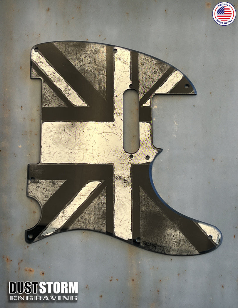Engraved 8 Hole Pickguard for Fender Telecaster British Union Jack Flag Silver Acrylic Mirror American/Mexican Tele Guitar Scratch Plate Humbucker or Standard Cut Available