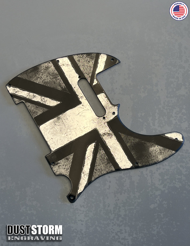Engraved 8 Hole Pickguard for Fender Telecaster British Union Jack Flag Silver Acrylic Mirror American/Mexican Tele Guitar Scratch Plate Humbucker or Standard Cut Available